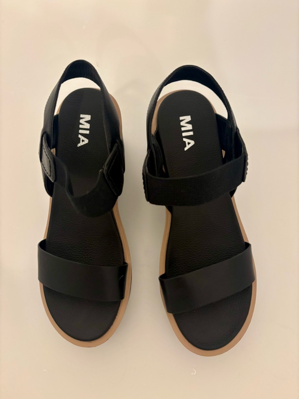 MIA Black Slingback wedge platform Sandals with Tan Trim